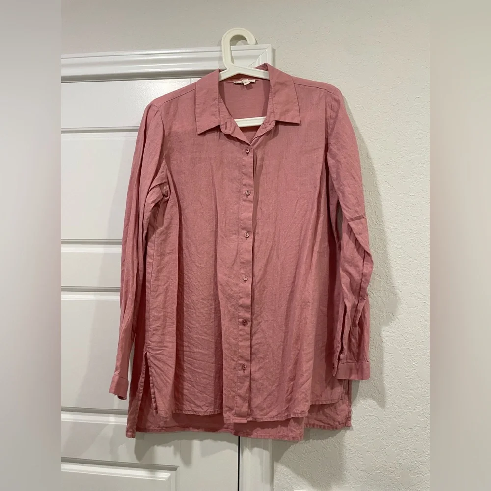Eileen Fisher Lightweight Linen Shirt in Blush Rose - Oversized & Soft - XXS